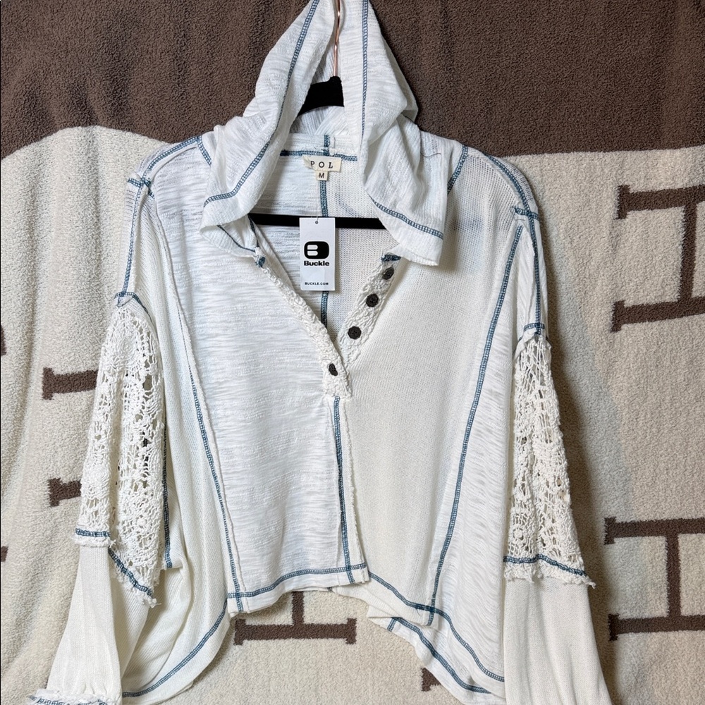 POL White Hooded Top with Blue Accents